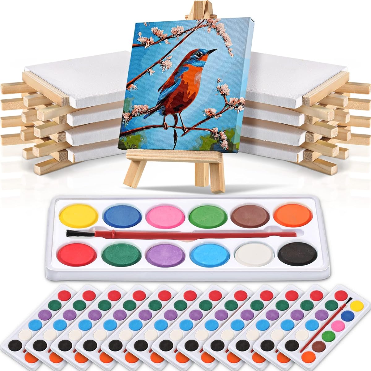 48 Piece Mini Canvas Easel Set with Mini Watercolor Paints, 4 x 4 inch Small Stretched Canvas for Painting, Kids Art Easel, Washable Watercolor Paints, Kids Paint Set, Painting Art, Party Favors Supplies