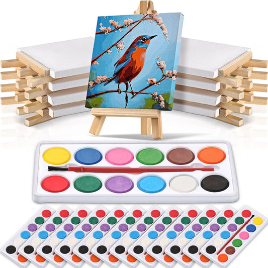 48 Piece Mini Canvas Easel Set with Mini Watercolor Paints, 4 x 4 inch Small Stretched Canvas for Painting, Kids Art Easel, Washable Watercolor Paints, Kids Paint Set, Painting Art, Party Favors Supplies