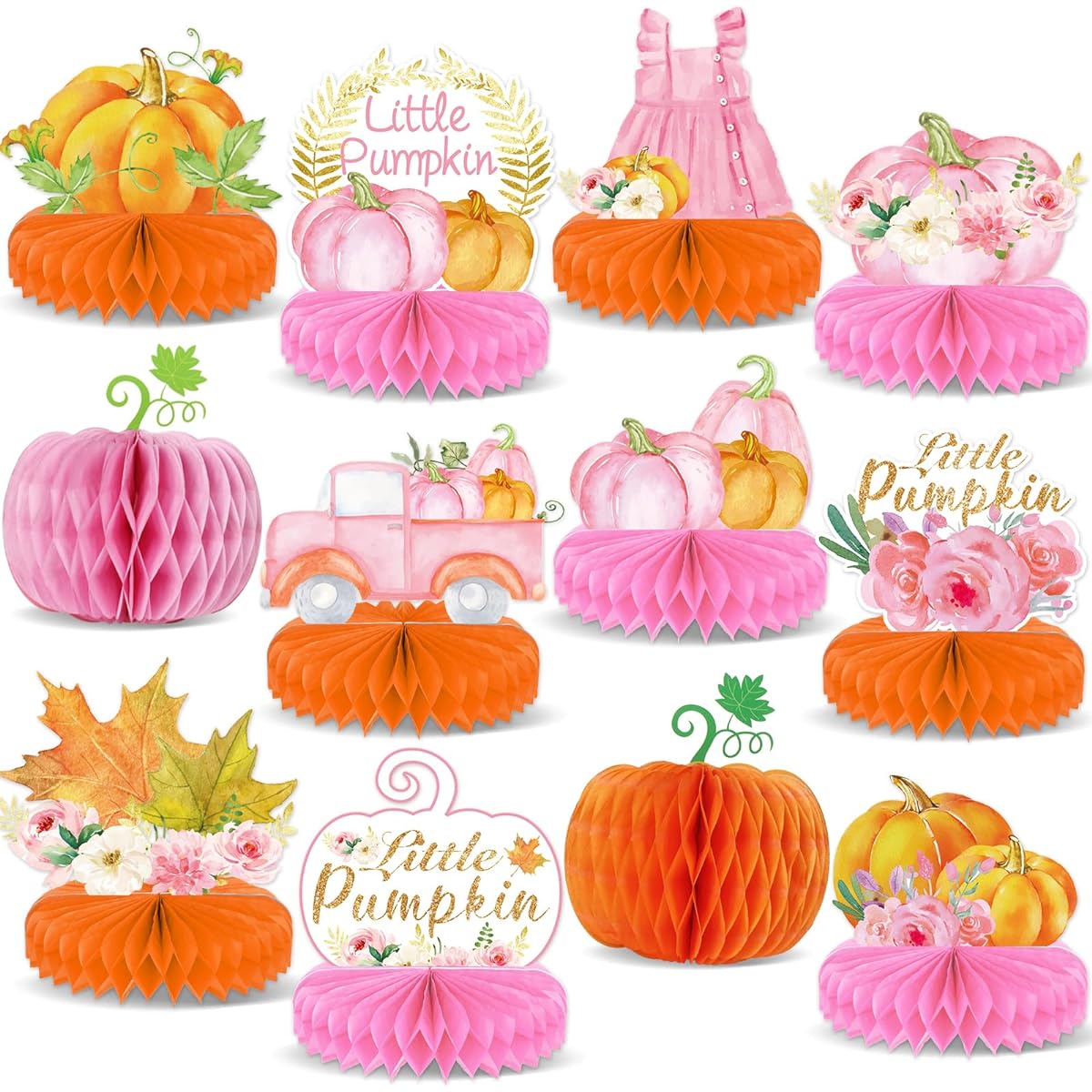 Little Pumpkin Party Decorations Pumpkin Honeycomb Centerpieces Pink Floral Table Toppers 12 Pieces First Birthday Table Centerpiece A Little Pumpkin is On The Way Table Decorations for Girls Baby Shower Party