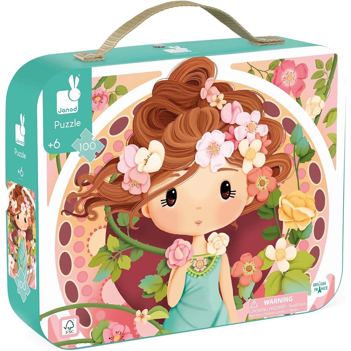 Janod 100 Piece Jigsaw Puzzle for Kids, Mucha Inspired Gift Carry Case with Fabric Handles, Classic Art Collection, Ages 6-10, J02529