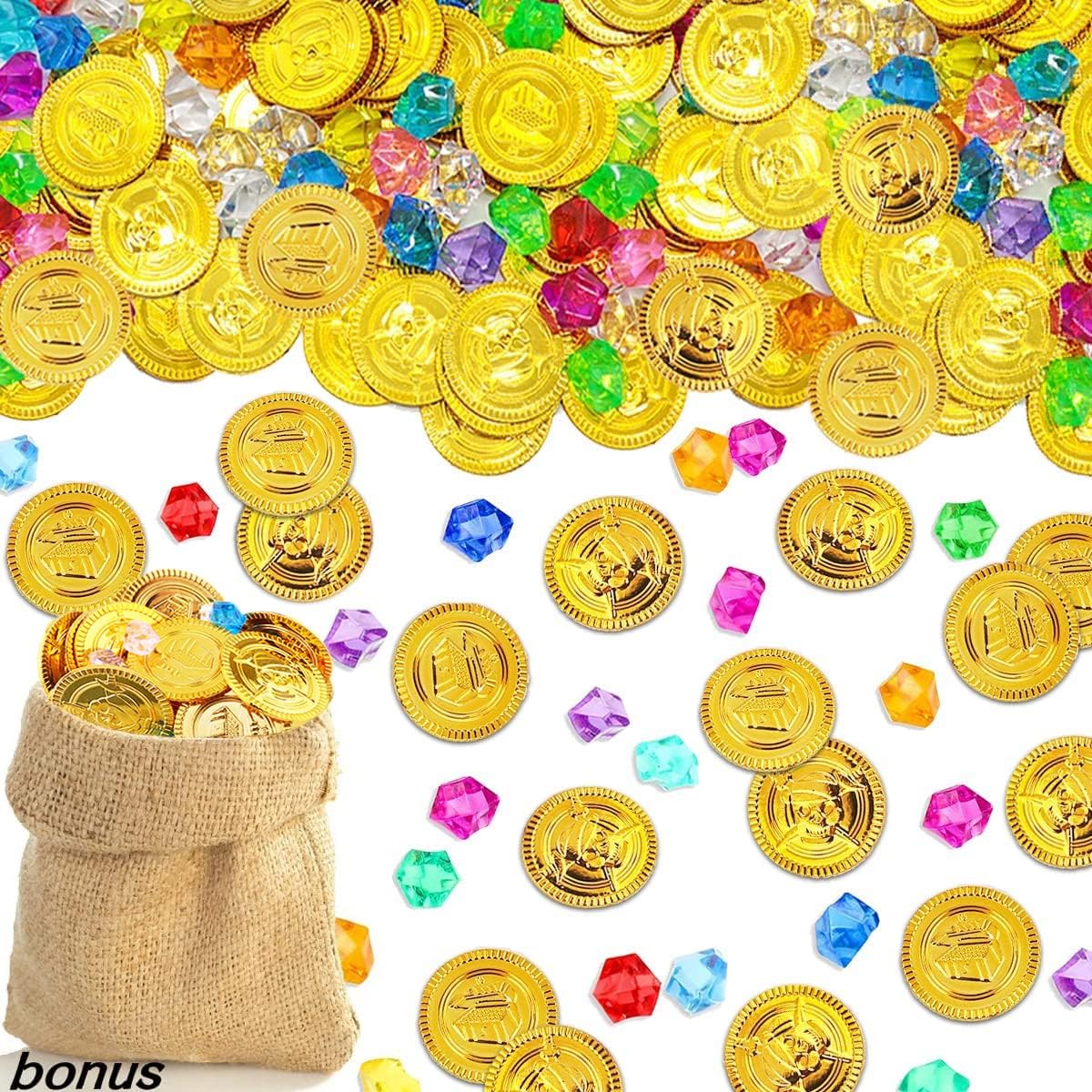 200 Pieces Pirates Gold Coins and Gems Buried Treasure Toys Pirates Adventure Theme Game Jewelry Toys Party Favors, Coins Gems Treasure Hunt Game (100 Coins + 100 Gems + 1 Bag)