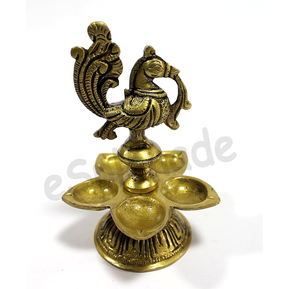 eSplanade – 5 Inch Peacock Lotus Shape Round Brass Diya | Oil Lamp | Home Decor | Brass Deepam | Brass Lamp | Kuthu Vilakku | Oil Lamp for Home and Office