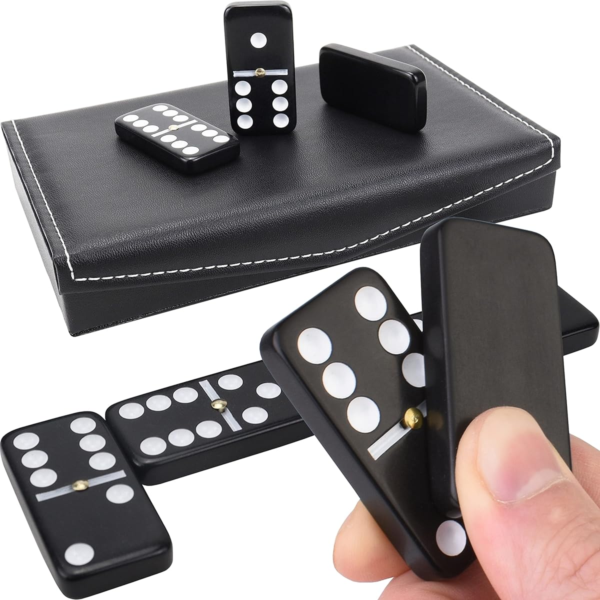 Domino Set for Adults and Kids - Dominoes - Domino Classic Board Game Christmas Game - Double Six Standard Domino Set 28 Tiles with Black Leather Case - Juegos de Mesa (Black Leather Case)