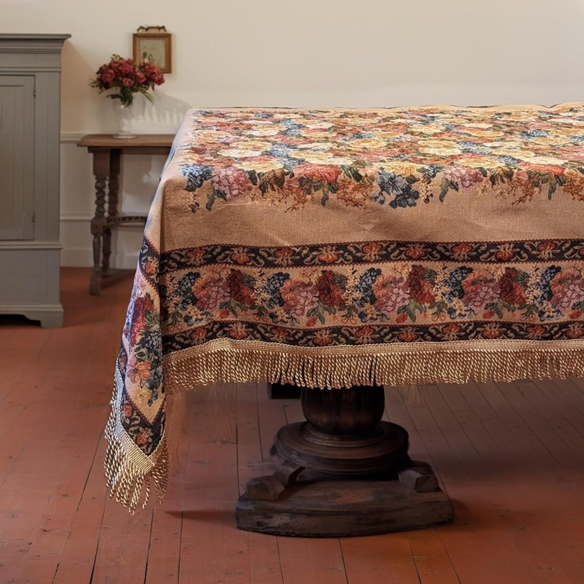 Tache Round Floral Tablecloth - Colorful Country Rustic Woven Heavyweight Morning Wake Up Tapestry Table Linen - 35 Inch