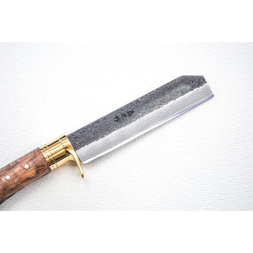 Akinosaku "BE-PAL" x Toyokuni square Damascus bonfire hatchet with fire starter ippin-kdmnata001 Double-edged blade length 15cm Damascus 15 layers blue 2 steel brass brim ring Oak handle (oil stain/checkered processing)/cowhide case (with fire starter in