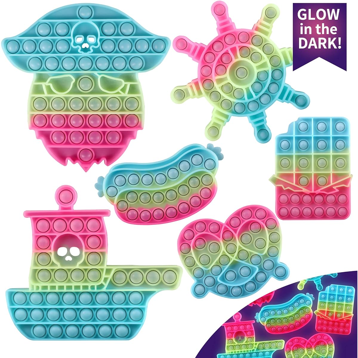 FiGoal 6 Pack Assorted Designs Foam Stress Relief Glow in the Dark Rainbow Fidget Toys for Anxiety Stress Relief Light Up Autism Special Needs Home School Office