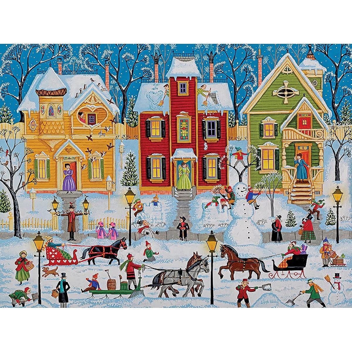 Bits and Pieces - 500 Piece Jigsaw Puzzle for Adults 18" x 24" - After The Fallen - 500 Piece Winter Holiday Town Horse Sleigh Kids Snowman Season Jigsaw Artist Joseph Holodok