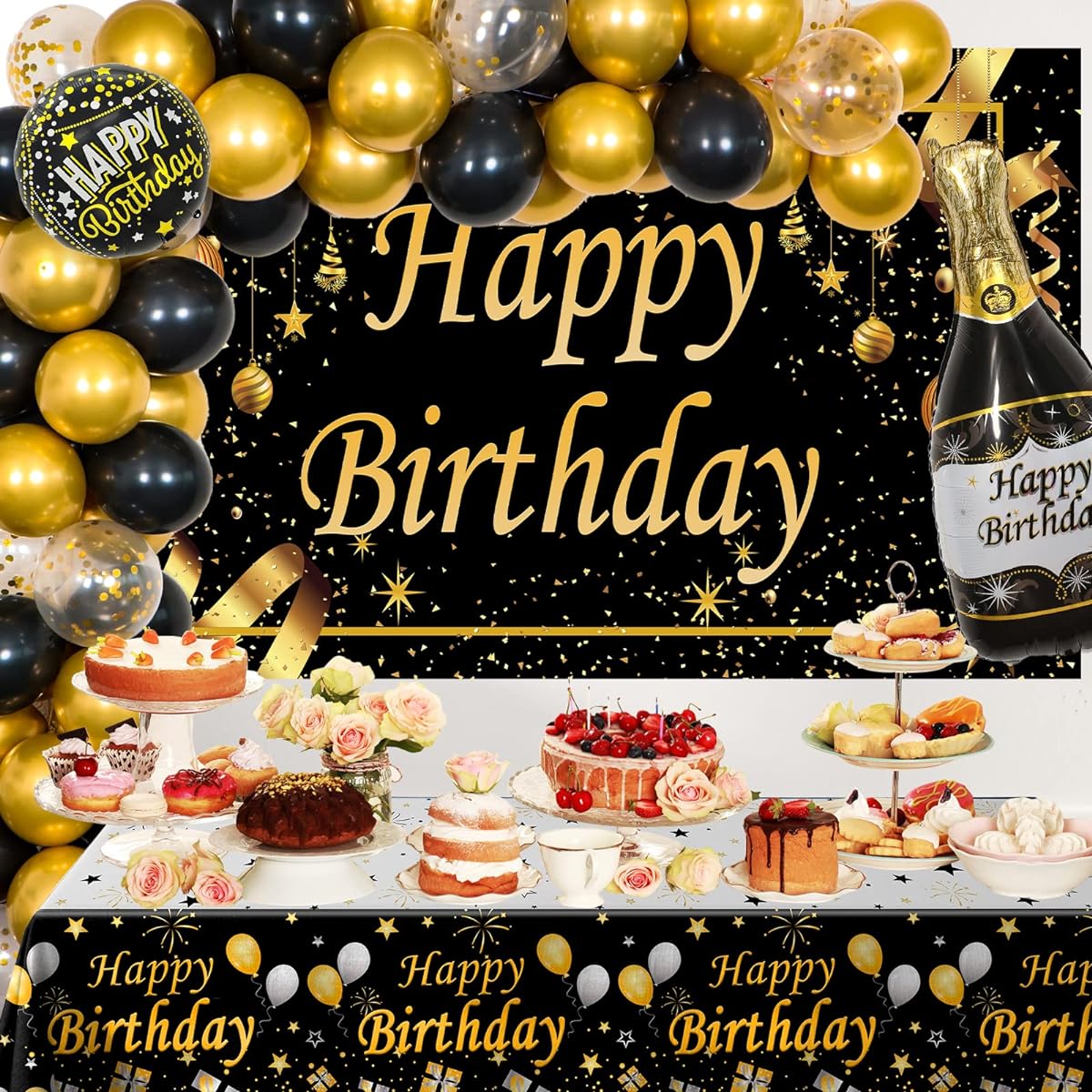 Birthday Decorations for Men and Women Black Gold Happy Birthday Decorations Backdrop & Tablecloth Confetti Balloons Arch Kit Birthday Party Supplies Beer Birthday Decor with Table Cover 40th 50th