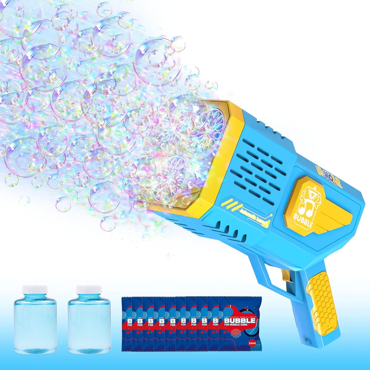 HeyMate Bubble Machine Gun Blue Bubble Maker Cool Light/12 Bubble Solutions Automatic Bubble Machine without Submersion for Kids Adults Birthday Party Wedding Outdoor Summer Camp Kids Gift