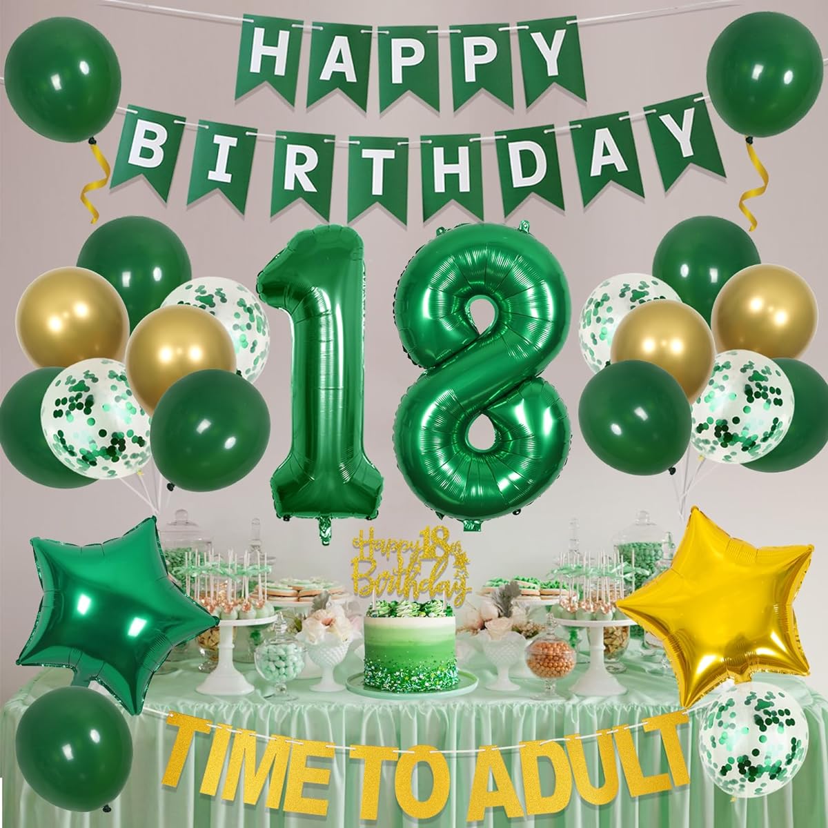 18th Birthday Decorations for Girls and Boys - Adulthood Time 18th Birthday Decorations Emerald Green and Gold Balloons Adulthood Time Banner Happy Birthday Cake Topper Number 18 Star Foil Balloon