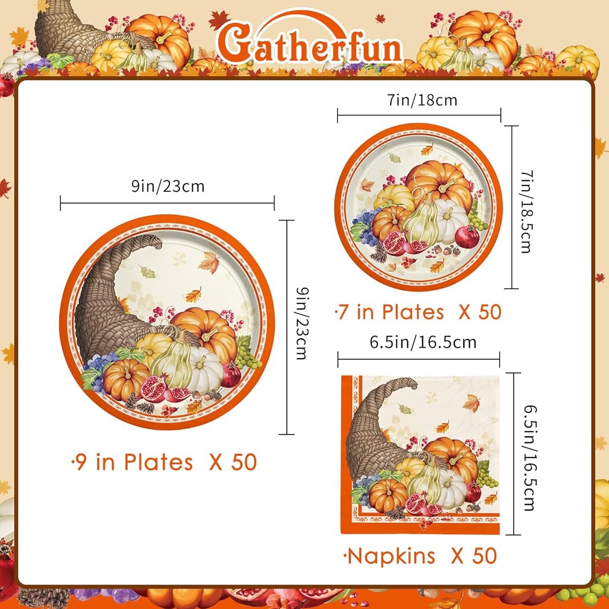 Fall Pumpkin Harvest Party Supply Kit Includes Cornucopia Disposable Paper Dinner Plates, Dessert Plates and Napkins for Thanksgiving Fall Party Decorations, Serves 50