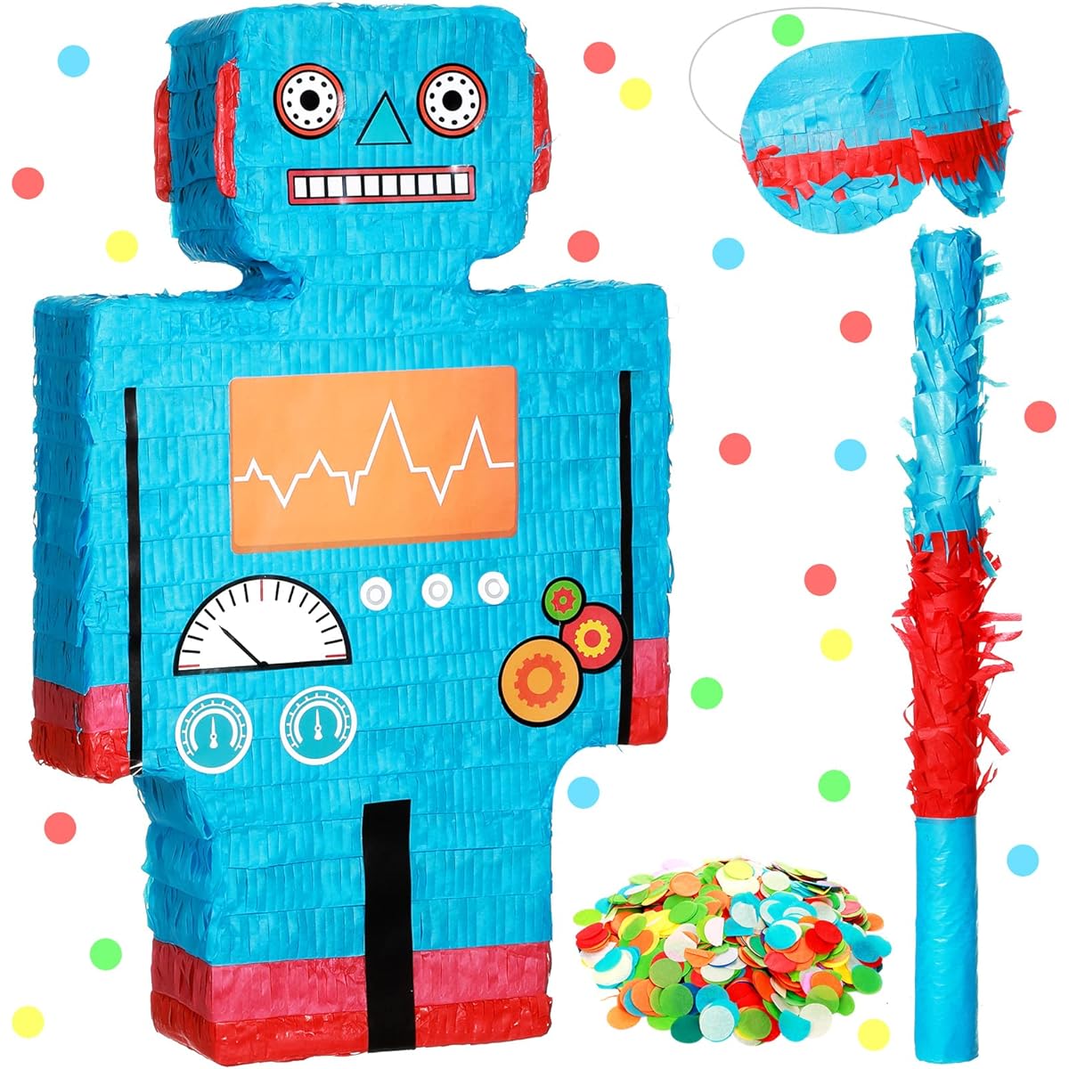 Robot Pinata Birthday Party Supplies Robot Party Decorations with Blindfold Bat and Confetti for Kids Birthday Baby Shower Boys Girls Games 16 x 9.5 x 3 inches