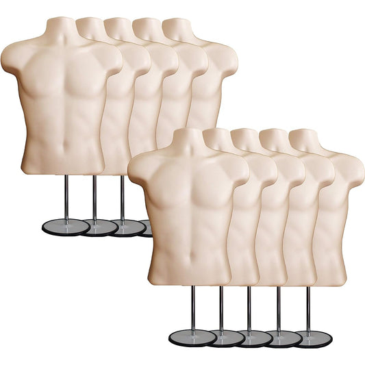 Flesh Male Mannequin Hollow Back Body Torso Set with Metal Stand, Metal Pole & Hanging Hook, Small Size (10 Pack)