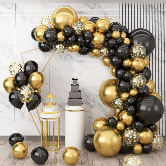 138pcs Black and Gold Balloon Garland Arch Kit Black Metallic Gold Confetti Party Balloons Garland Kit 18/12/10/5 inch Latex Balloons for Birthday Graduation Anniversary Wedding Festival Decorations
