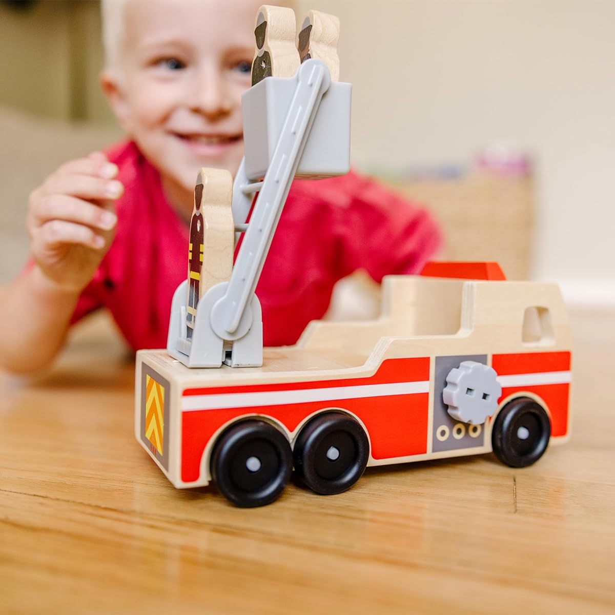 Melissa & Doug Wooden Fire Truck with 3 Firefighter Play Figures