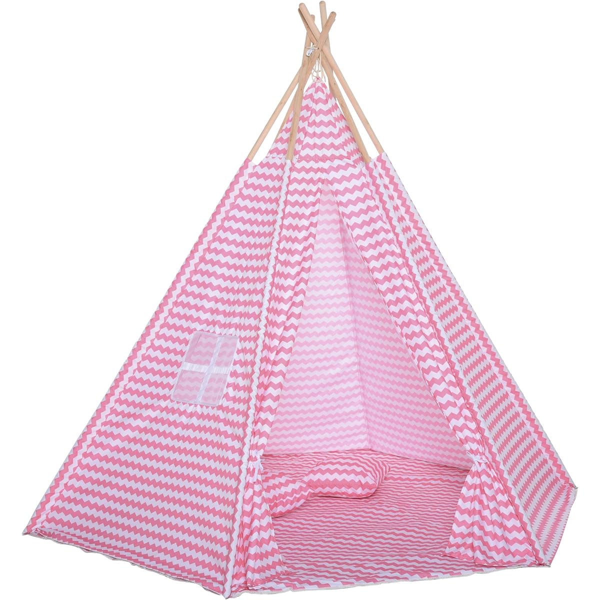 Qaba Kids Teepee Tent, Toddler Play Tent with Mat, Pillow, Observation Window and Carry Bag, Indoor/Outdoor Playhouse