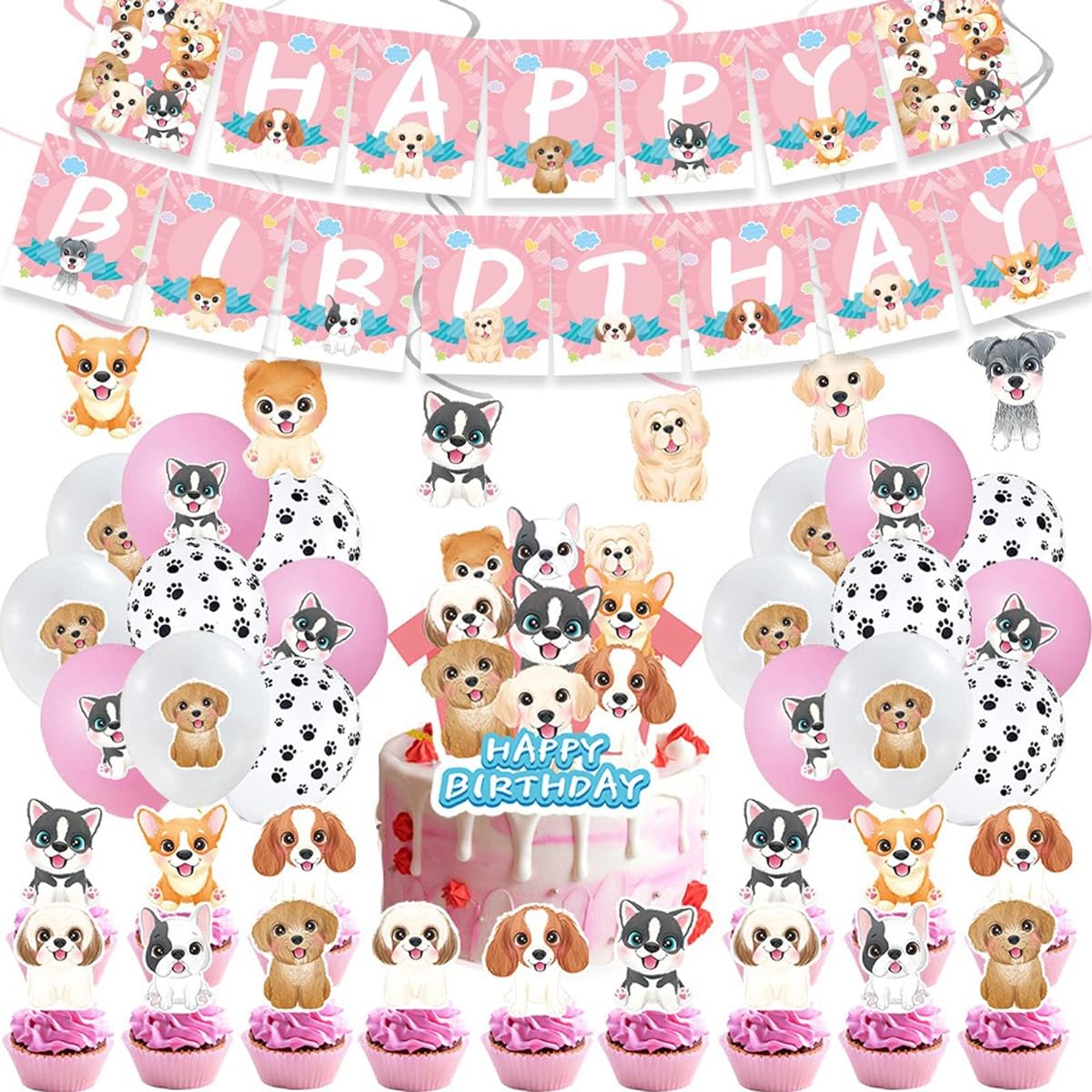 ANZMENG 50 Dog Birthday Decorations, Birthday Banner, Cake Topper, Cupcake Topper, Balloons, Dog Paw Swirls, Printed Birthday Party Supplies, Baby Shower Decorations