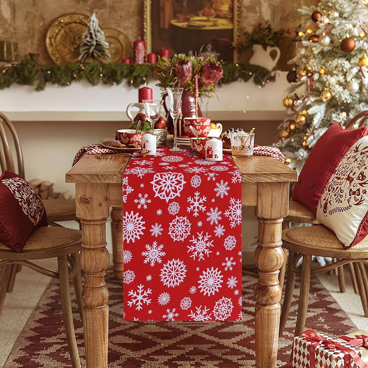 LUSHVIDA Christmas Table Runner Red Table Runner Snowflake Pattern Table Linen Washable Wrinkle Free Washable Table Runner for Party Dinner/Dining Room 14x120 Inch
