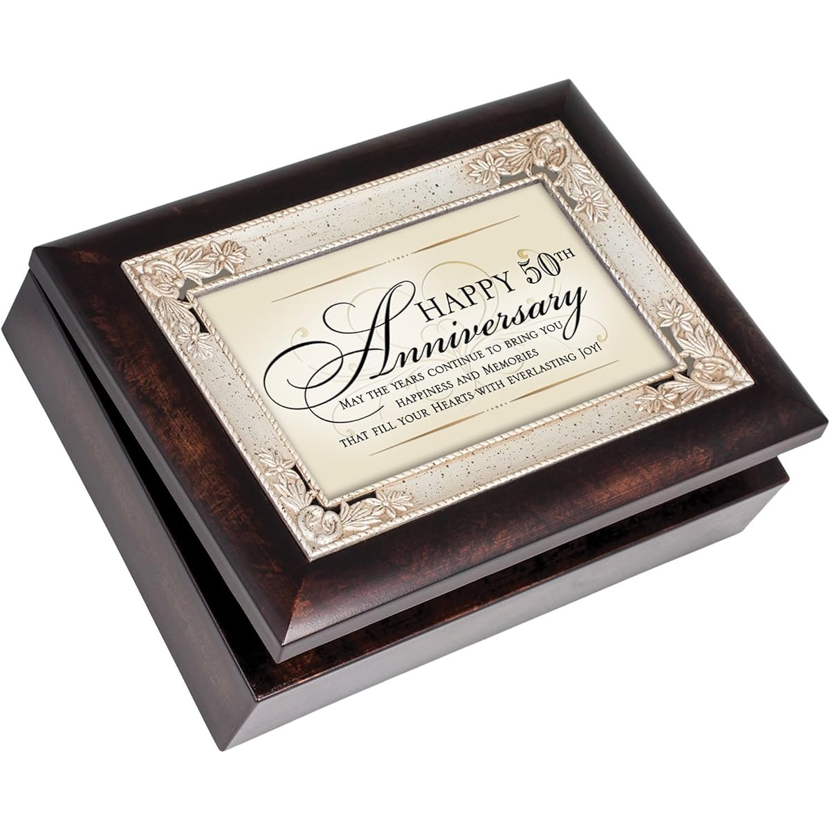Happy 50th Anniversary Italian Wood Finish Jewelry Music Box Plays Song Wind Beneath My Wings