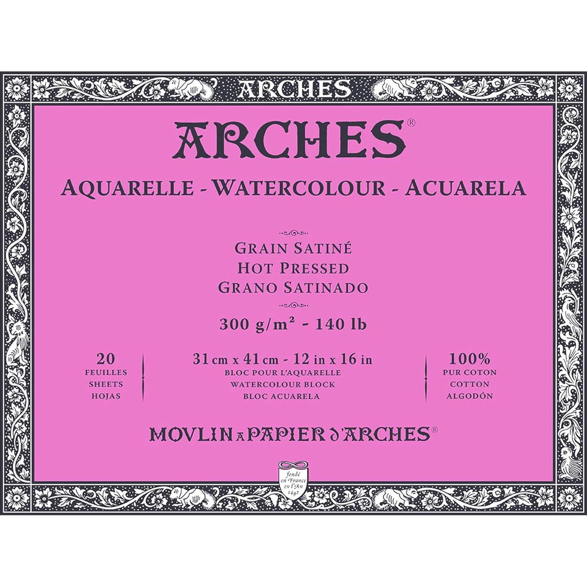 Arches Watercolor Paper Block 300g Extra Fine 31X41cm 20 Sheets (1795074) Natural White