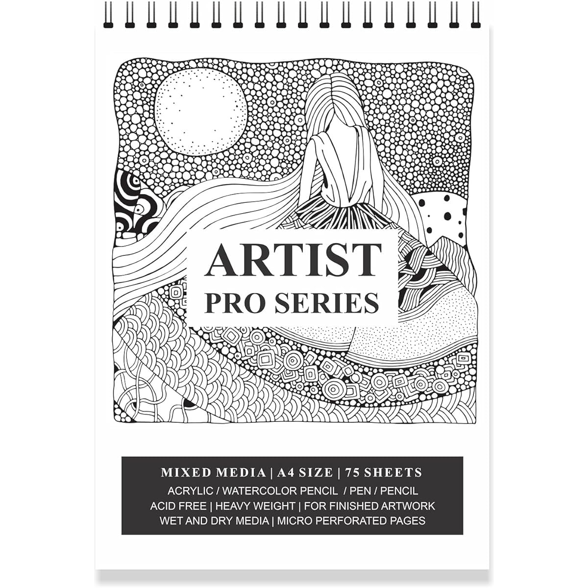 PRINTELLIGENT Black & White Waiting Girl Theme Artist Sketchbook Drawing Book (100 Sheets, 200 Pages) Perforated 160GSM Craft Book A4 Size