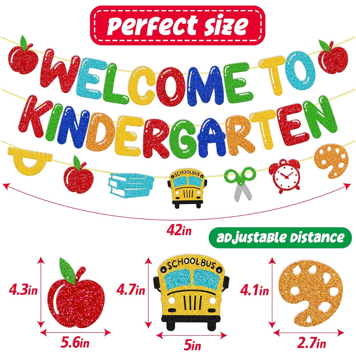 Welcome to Kindergarten Banner, First Day of Kindergarten for Kids, Classroom Party, Apple, Ruler, School Bus, Scissors, Alarm Clock, Drawing Board, Sign, Party Supplies