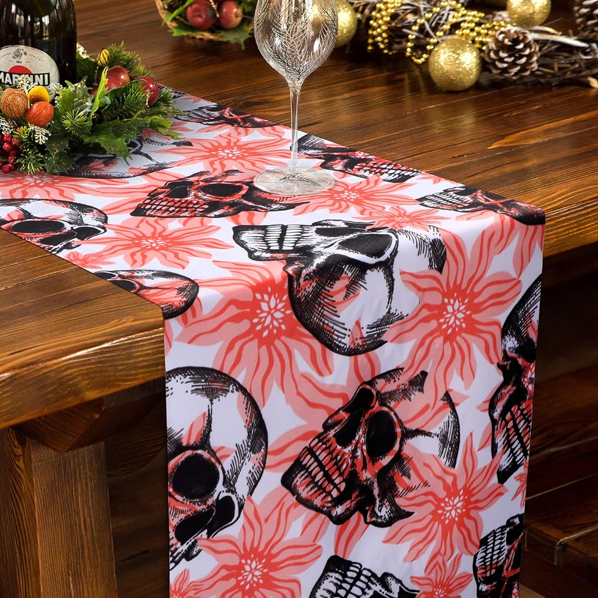 VXTRRI Halloween Floral Skull Table Runner, Day of the Dead Table Runner for Halloween Thanksgiving Birthday Table Dining Tabletop Indoor Outdoor Home Decoration 71 x 14 Inch