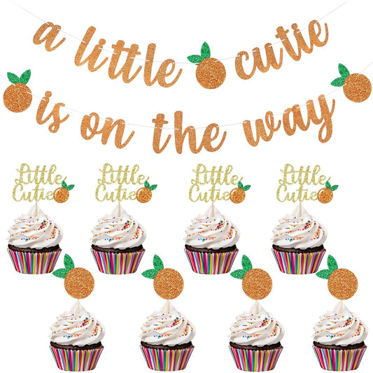 A Little Cutie is On The Way Banner, 24pcs Little Cutie Baby Shower Cupcake Toppers - Little Cutie Baby Shower Birthday Decorations Cupcake Picks Clementine Theme Party Decorations Supplies