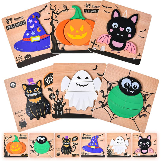 6 Pack Halloween Wooden Puzzle for Kids Boys Girls Toddlers Halloween Jigsaw Puzzle Toys Halloween Party Favors Treat Bag Stuffers Halloween Treats