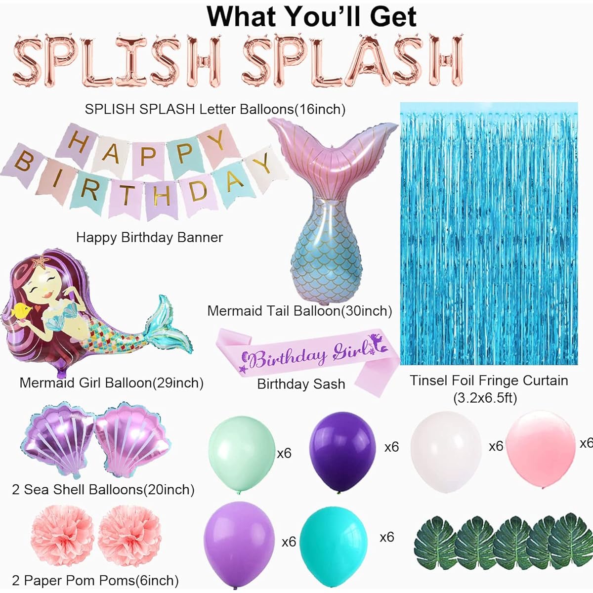 Splish Splash Mermaid Birthday Decorations, Splish Splash Mermaid Bash Decorations, Mermaid Birthday Decorations, Little Mermaid Theme Birthday Party Supplies, Undersea Balloons, Banner, Backdrop