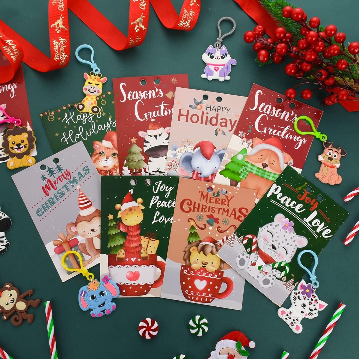 48 Pieces Mini Animal Toy Back to School Card Set Cute Small Animal Keychain First Day of School Card Back to School Classroom Gift Party Favors for Students