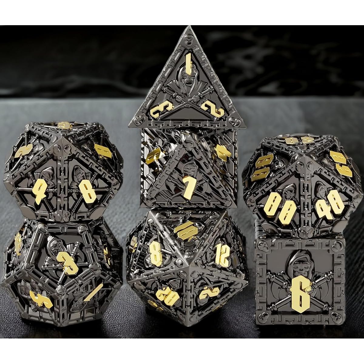Grim Reaper Metal DND Dice Set Dungeons and Dragons D&D RPG Polyhedral Dice Box Set D20 D12 D10 D8 D6 D4 (Black and Gold Numbers)