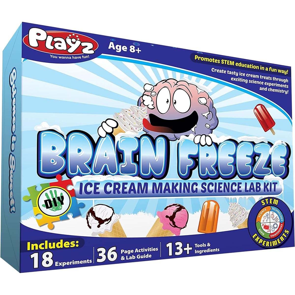 Playz Brain Freeze Ice Cream Making Science Kit - 18+ Delicious STEM Experiments, 36 Page Lab Guide, 13+ Materials & Tools for Boys, Girls, Kids & Teens