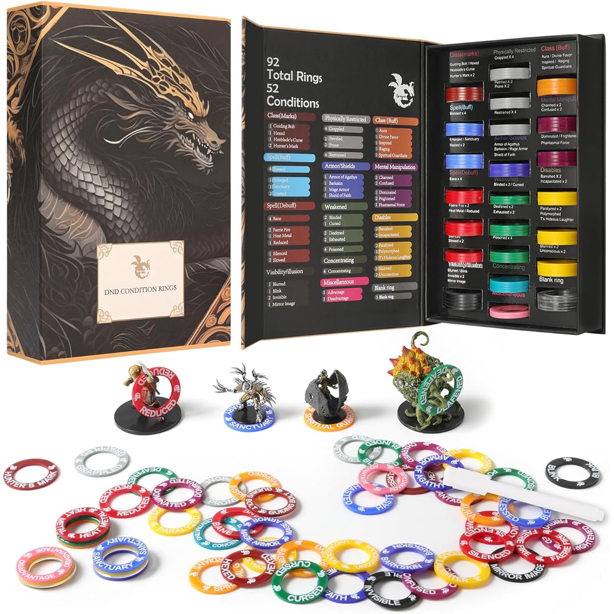 Grajar 52 Unique DND Miniatures Condition Rings 92 Status Effect Markers - Includes 5 Customizable Blank Rings Best DND Gifts for Dungeons & Dragons & 5th Edition DMs