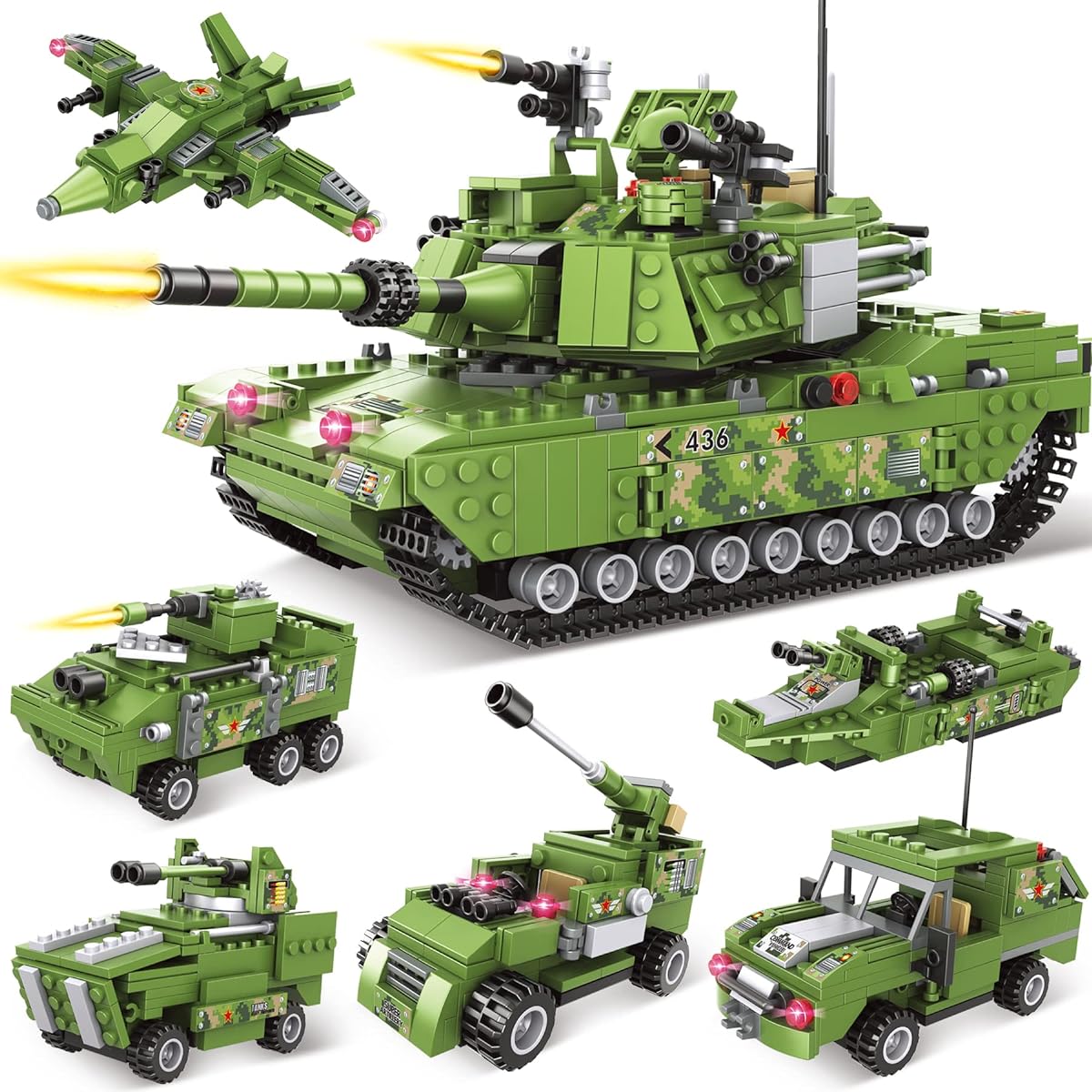 City Military Tank Army Building Blocks Set, 6 in 1 Armored Vehicle with Plane & Boat, T90 Military Tank Toys for Boys Ages 6+, Best Gift for Kids and Adults(952 Pieces)