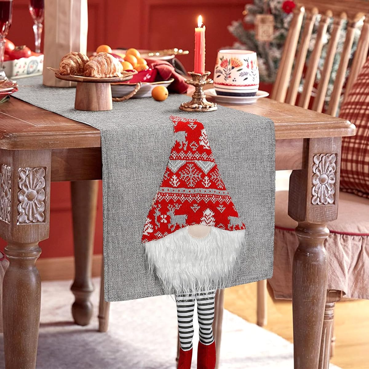 KHOYIME Christmas Table Runner Grey Christmas Table Runner Santa Claus 3D Christmas Gnome Holiday Table Decorations Long Linen Party Ornaments 13x71 Inch (Grey)