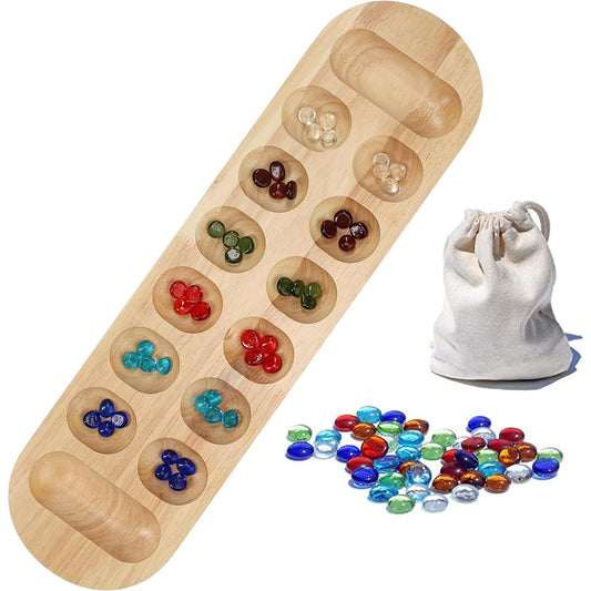 WE Games 22" Deluxe Mancala Board Game with Natural Solid Wood Board and Glass Stones