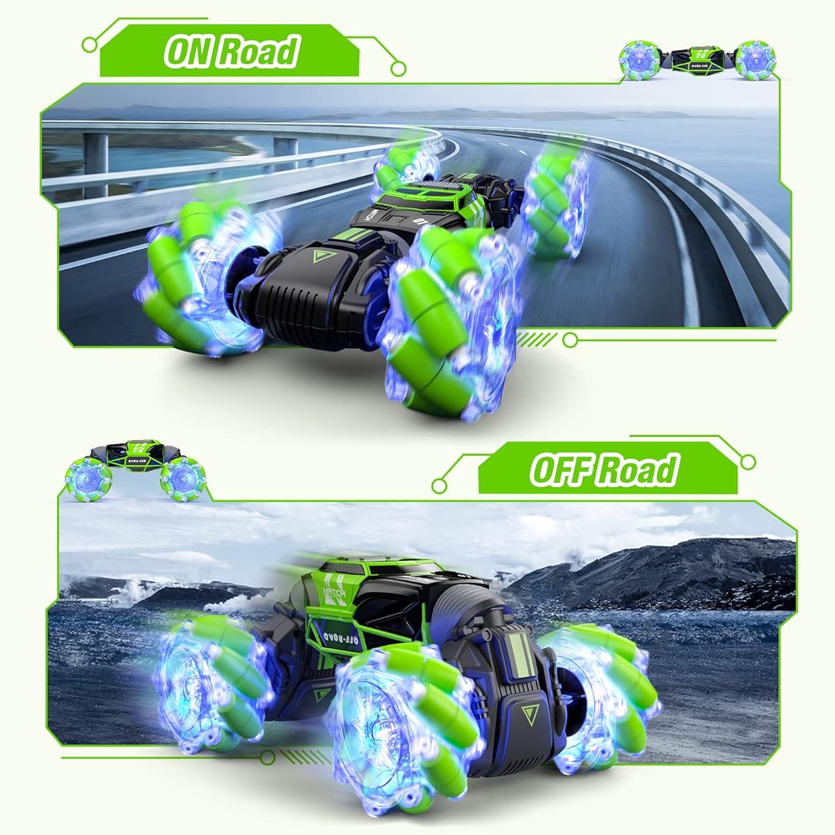Powerextra LED Gesture RC Car 4WD Transform Remote Control Gesture Sensing Car Double Sided 360° Rotation Off-Road Stunt Car with Lights Toy Car for 6-12 Year Old Boys & Girls