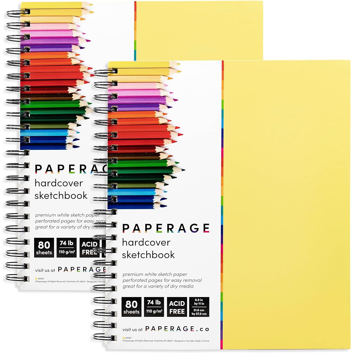 Sketchbook 2 Pack Hardcover Spiral Bound Sketch Pads, 80 Sheets of 75lb White Acid-Free Drawing Paper, Perforated 8.5" x 11" Pages for Professional Artists and Students, Yellow Cover
