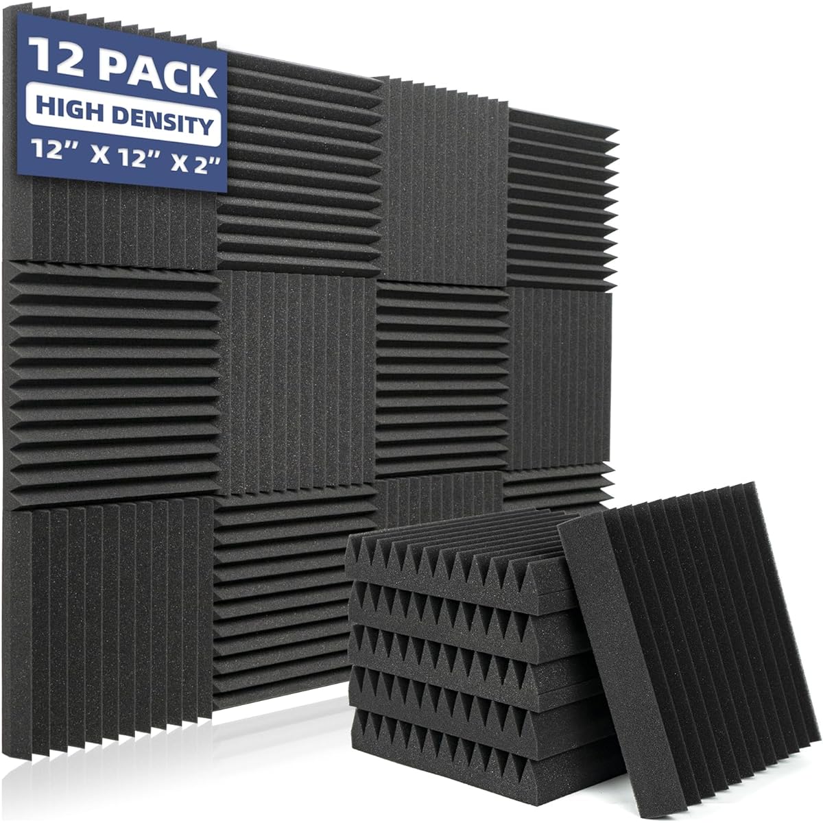KOIGO Acoustic Foam Panels 2" x 12" x 12" Wedge Design Acoustic Panels Sound Absorbing Foam High Density Flame Retardant Sound Insulating Foam Panels for Walls and Ceilings Pack of 12