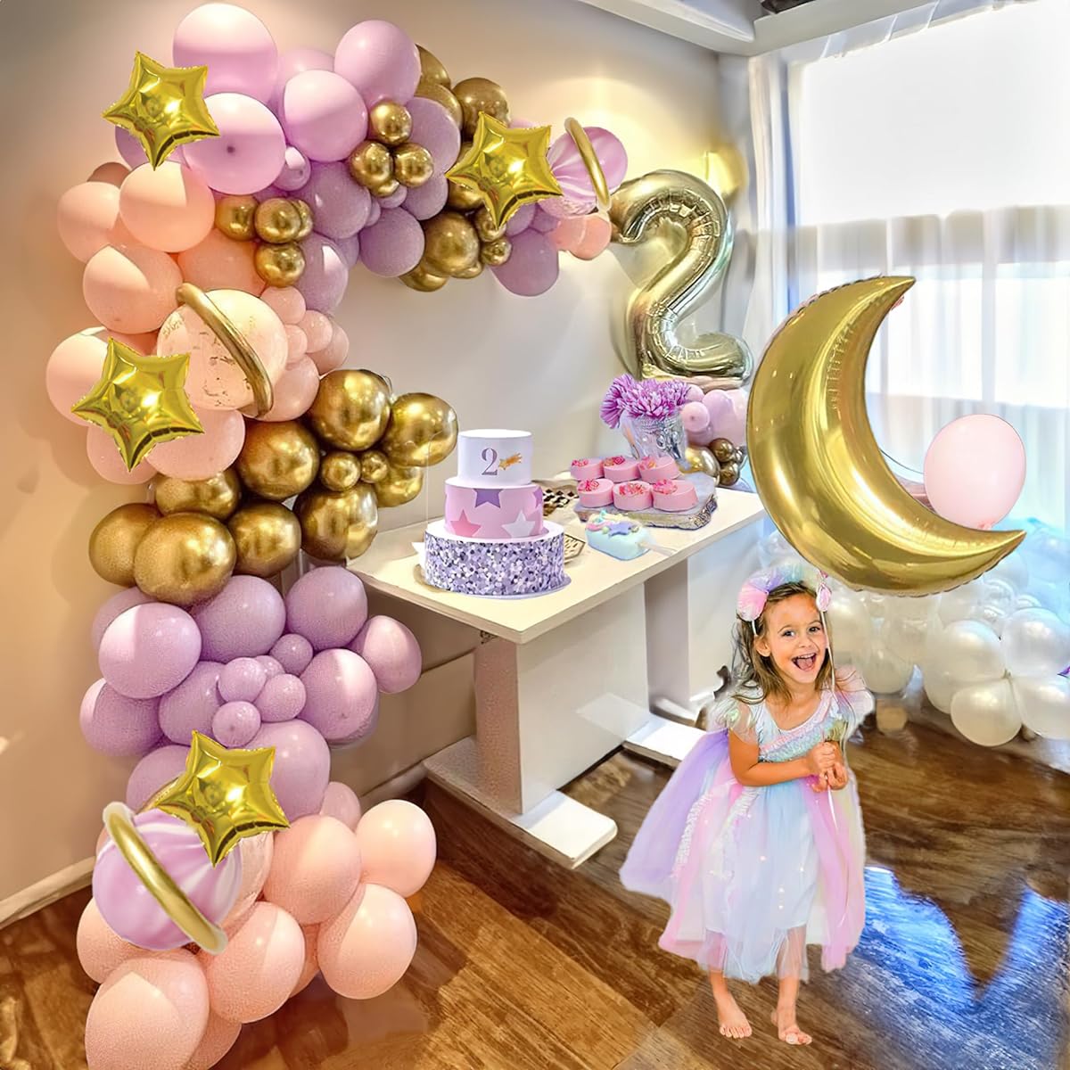Two the Moon Balloon Arch Garland | Girls Space Party Decoration Moon and Stars Foil Balloon | Pastel Pink Purple Balloon Twinkling Little Star Supplies
