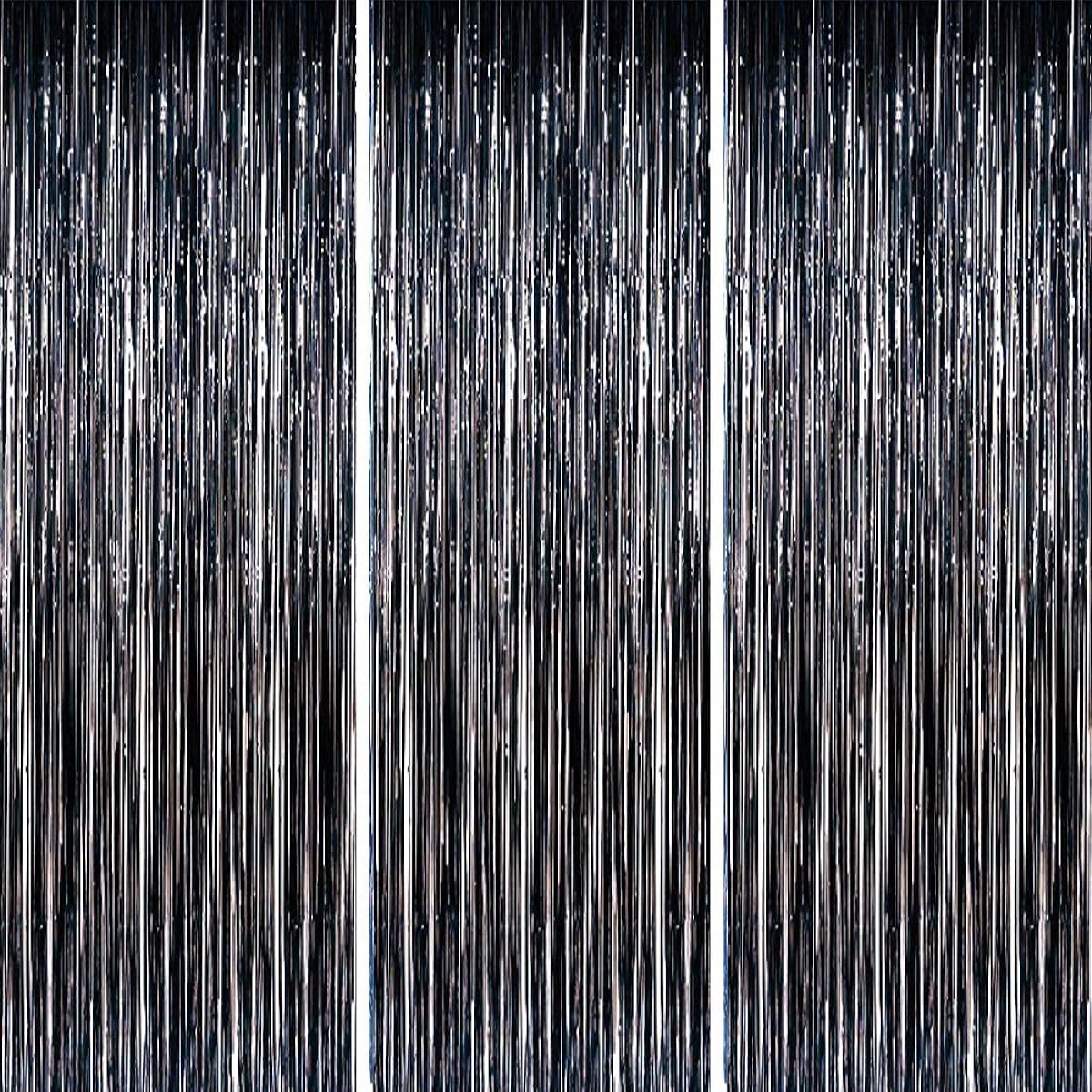3.3ft x 6.6ft Black Metallic Tinsel Foil Fringe Backdrop Decoration Door Window Streamer Curtain for Birthday Bachelorette Wedding Baby Shower Christmas Halloween New Year Black Pack of 3