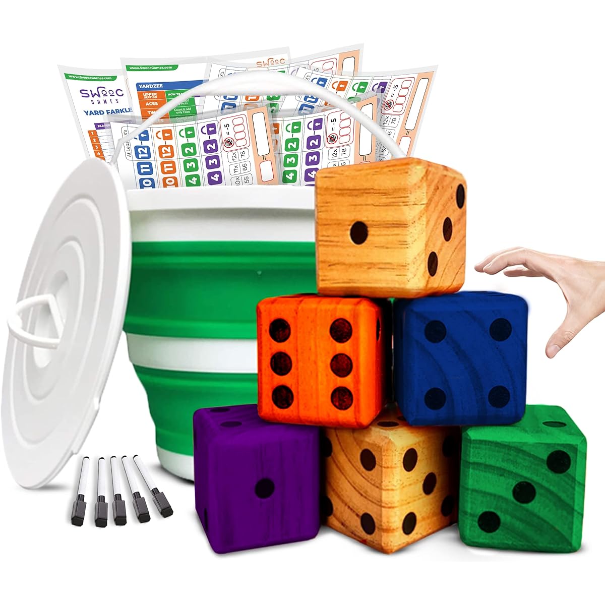 SWOOC Games - Yardzee Outdoor Game with Bucket (All Weather) - 5 Scorecards & Markers - Quick Dice & Farkle Yard Dice Game Set - Yard Dice Giant Wooden Yard Game - Lawn Dice Set - Family Yard Games