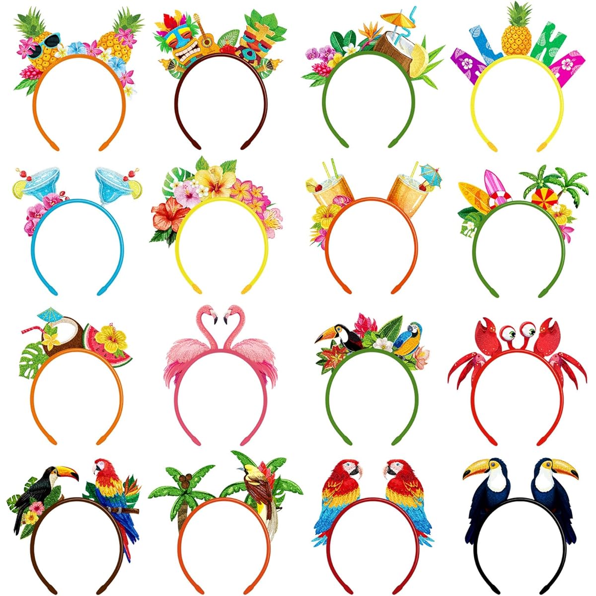 Capoda 16 Pieces Hawaiian Party Headbands Felt Luau Party Headboppers Flamingo Pineapple Palm Tree Tiki Aloha Boppers Hawaiian Party Favors Tropical Party Accessories Summer Beach Party Supplies