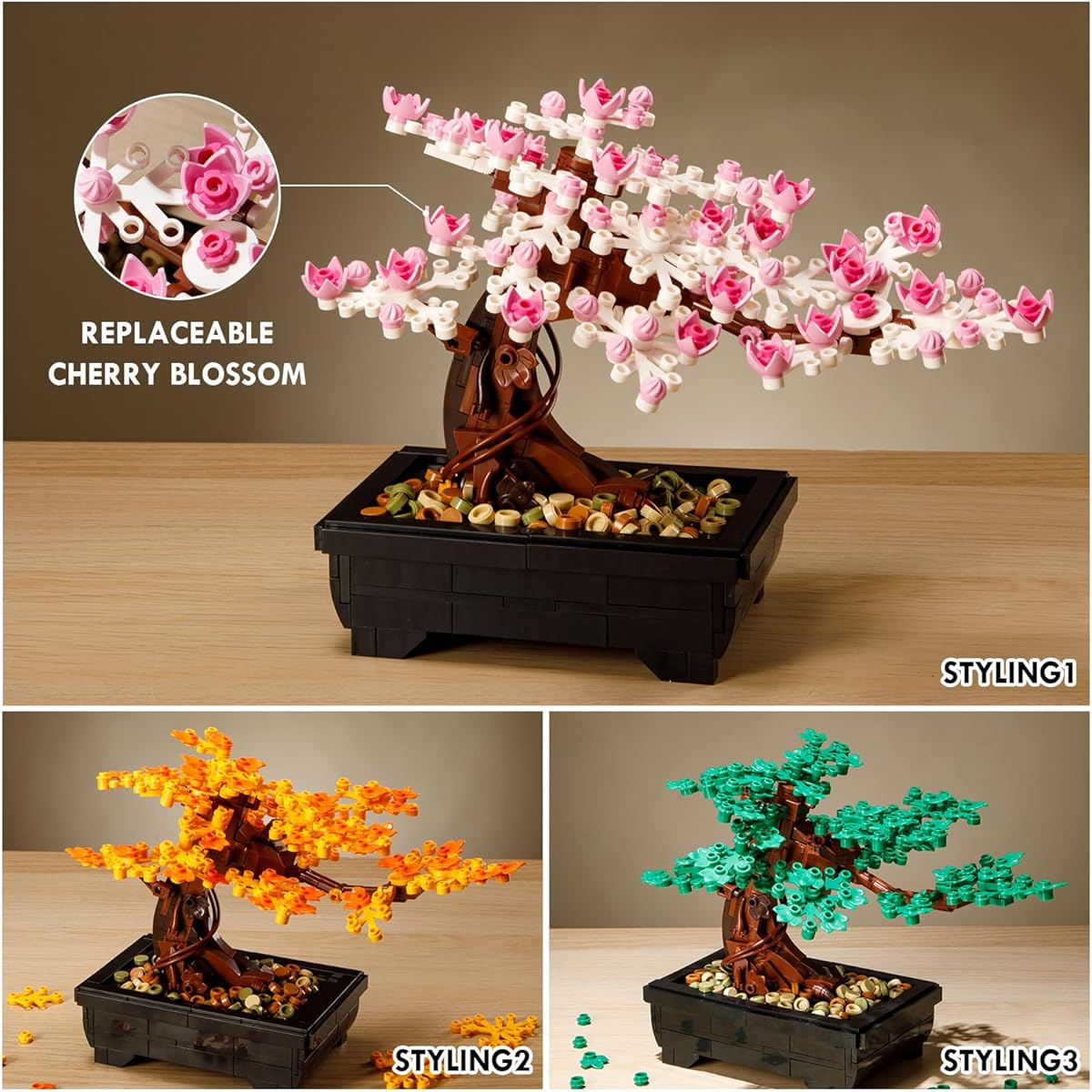 Vamuss Cherry Blossom Tree Building Set, 3 in 1 Sakura Bonsai DIY Plant Model for Adults Birthday Gift, Creative Gift for Home Decor and Office Art, Botanical Collection Design Kit, KB7096, Pink