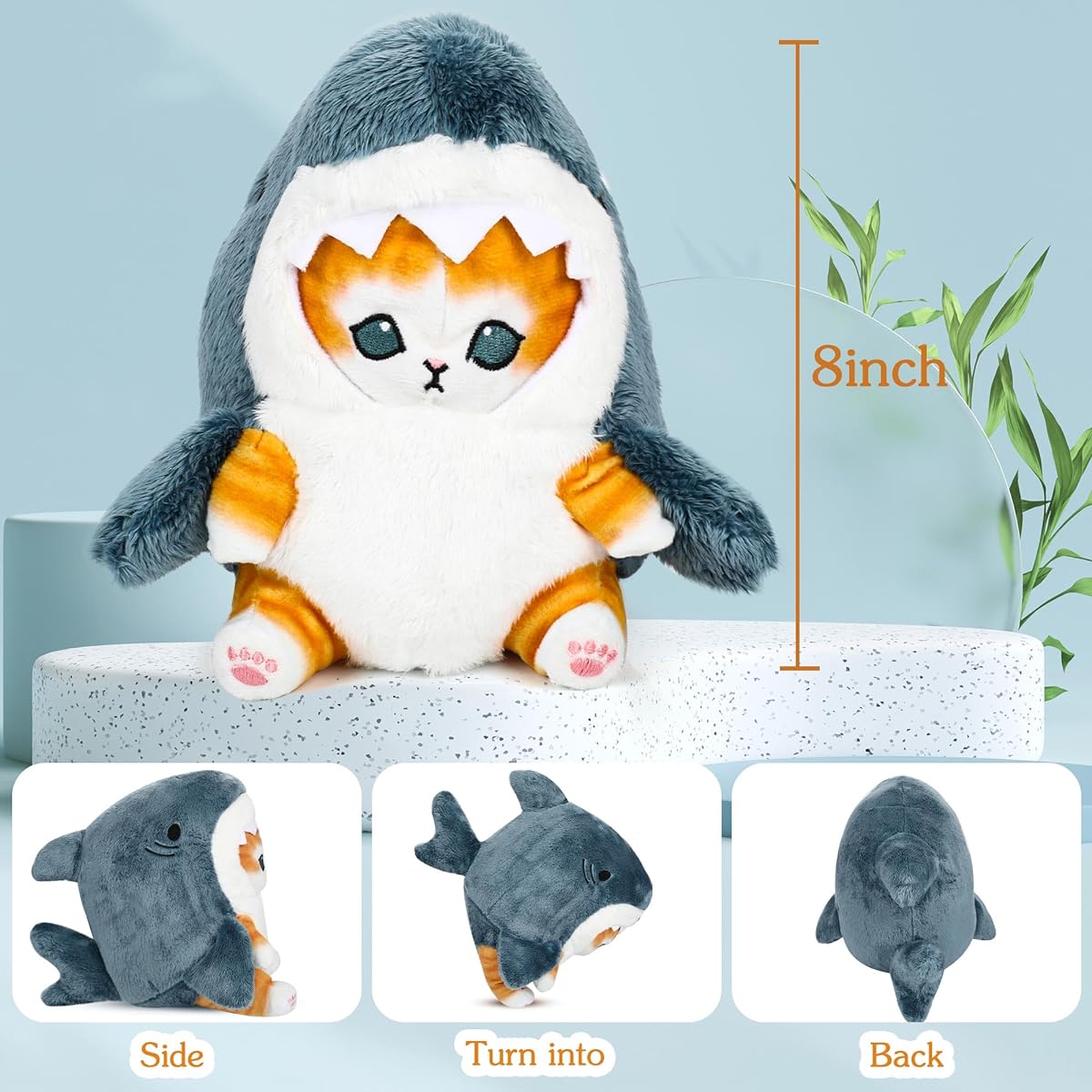 Voiulp 8 Inch Cute Shark Cat Plush Toy Soft Shark Cat Stuffed Animal Doll Pillow Birthday Kids Boys Girls Home Sofa Decor