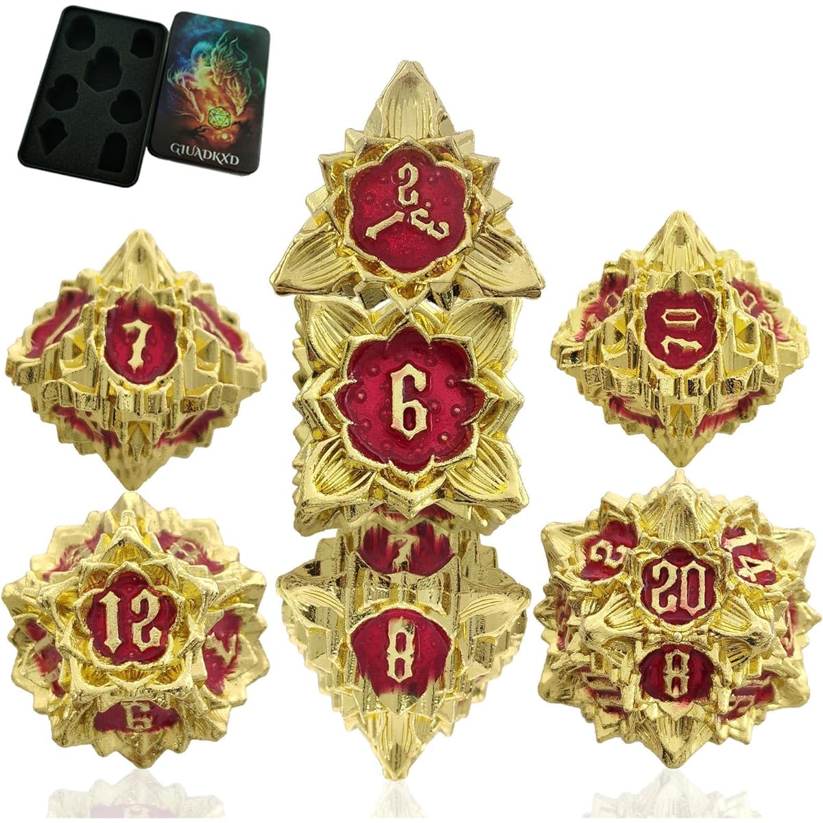 GIUADKXD Metal Dungeons and Dragons DND Dice Set with Dice Bag and Organizer MTG Gifts D&D Multi-Surface Large Dice Accessories RPG Role Playing Tabletop Games D20 D12 D10 D10% D8 D6 D4 Gold and Red