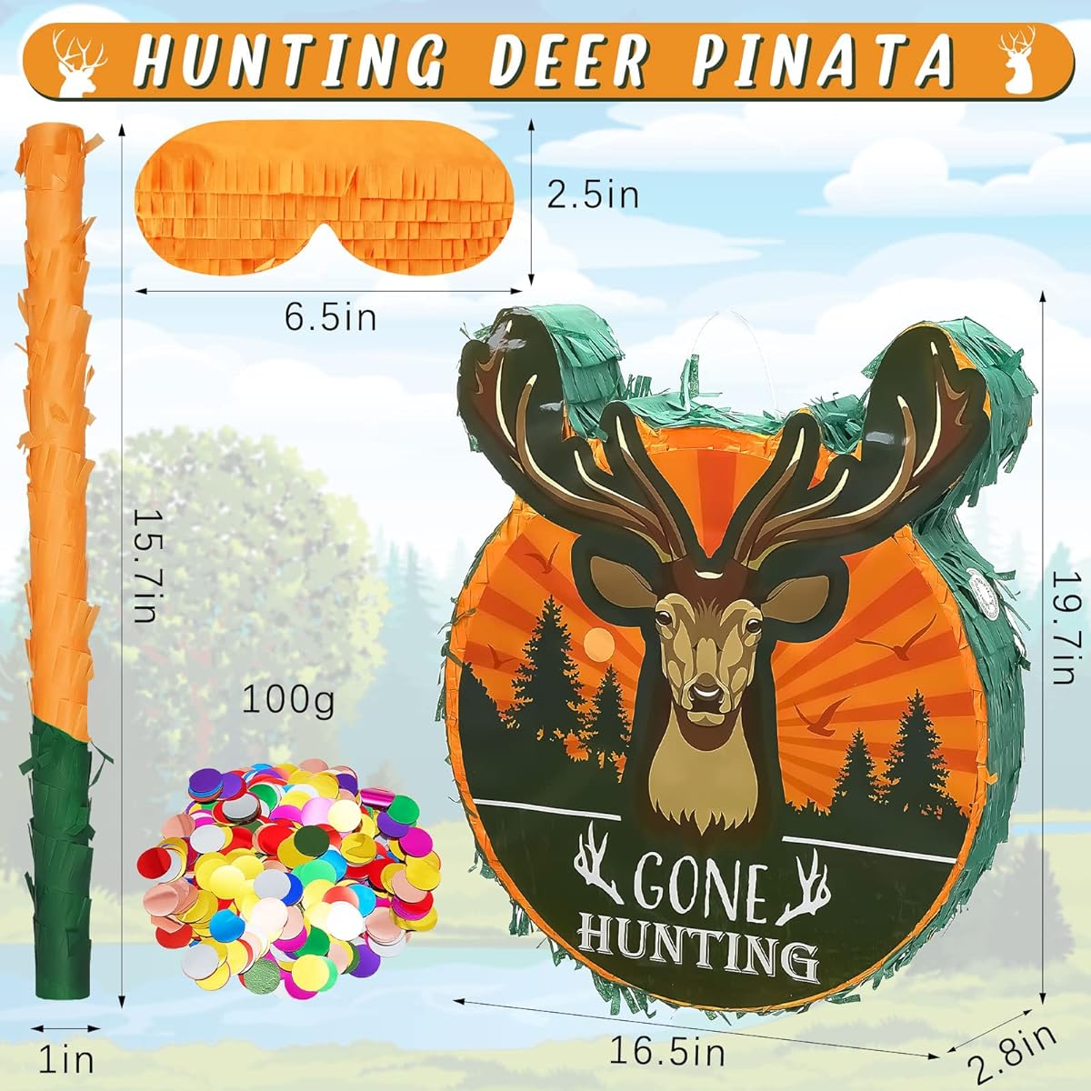 Deer Pinata Hunting Camouflage Birthday Party Decoration Wild Jungle Animal 3D Reindeer Pinata Blindfold Bat Round Sequin Baby Shower Safari Theme Party Supplies 12.3 x 2.8 x 15.3 inches