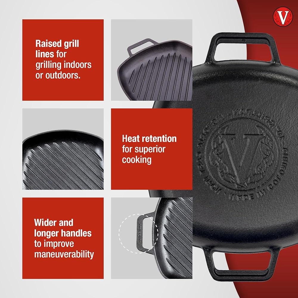 Victoria Cast Iron Grill Pan Square Double Loop Handle Grillpan Griddle Pan Flaxseed Oil Seasoned