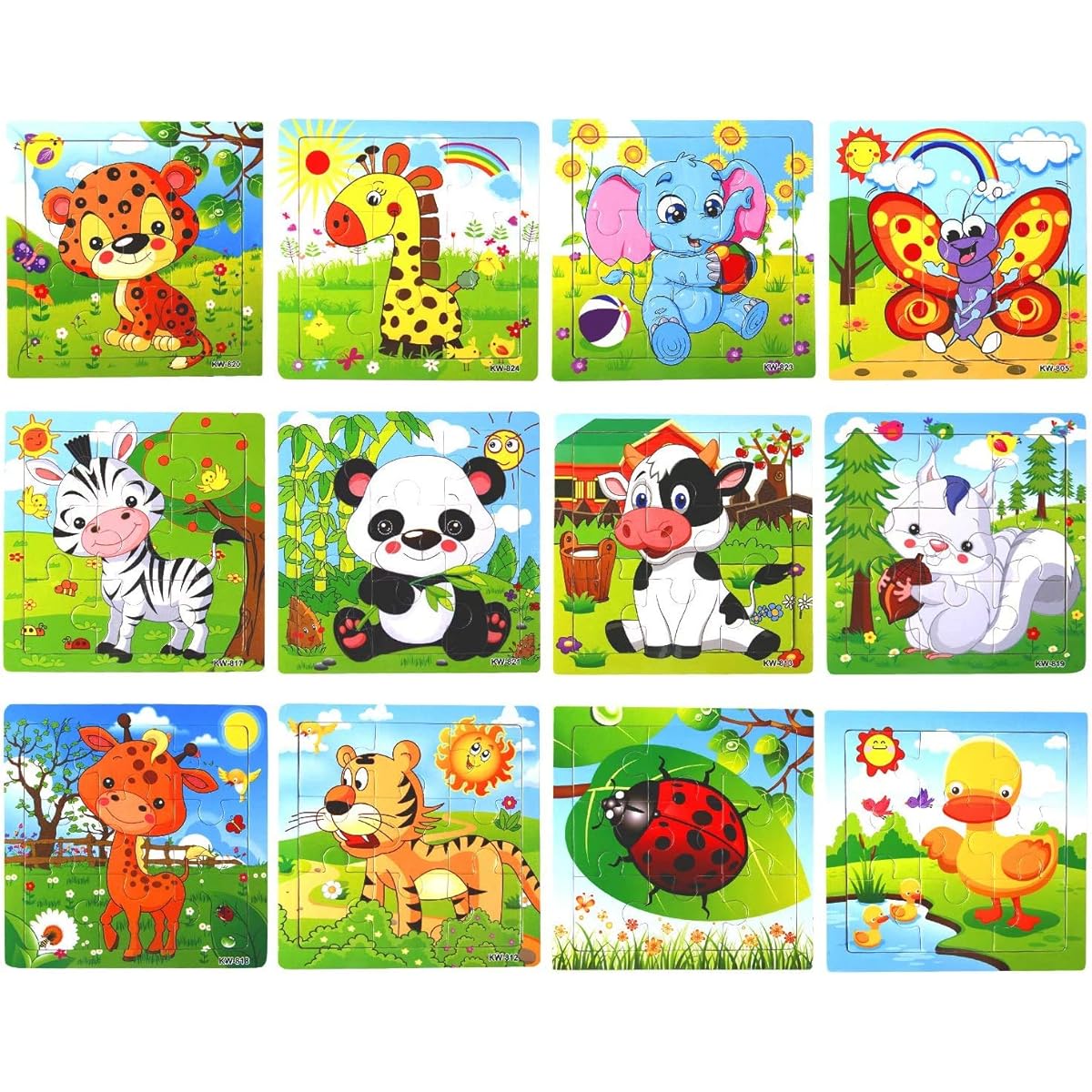 SANNIX 12 Pack Jigsaw Puzzles for Toddlers, Wooden Animal Jigsaw Puzzles 9 Pieces with 12 Organizing Bags for Kids Ages 2 3 4 5 Preschool Educational Puzzles Learning Travel Toys for Boys Girls